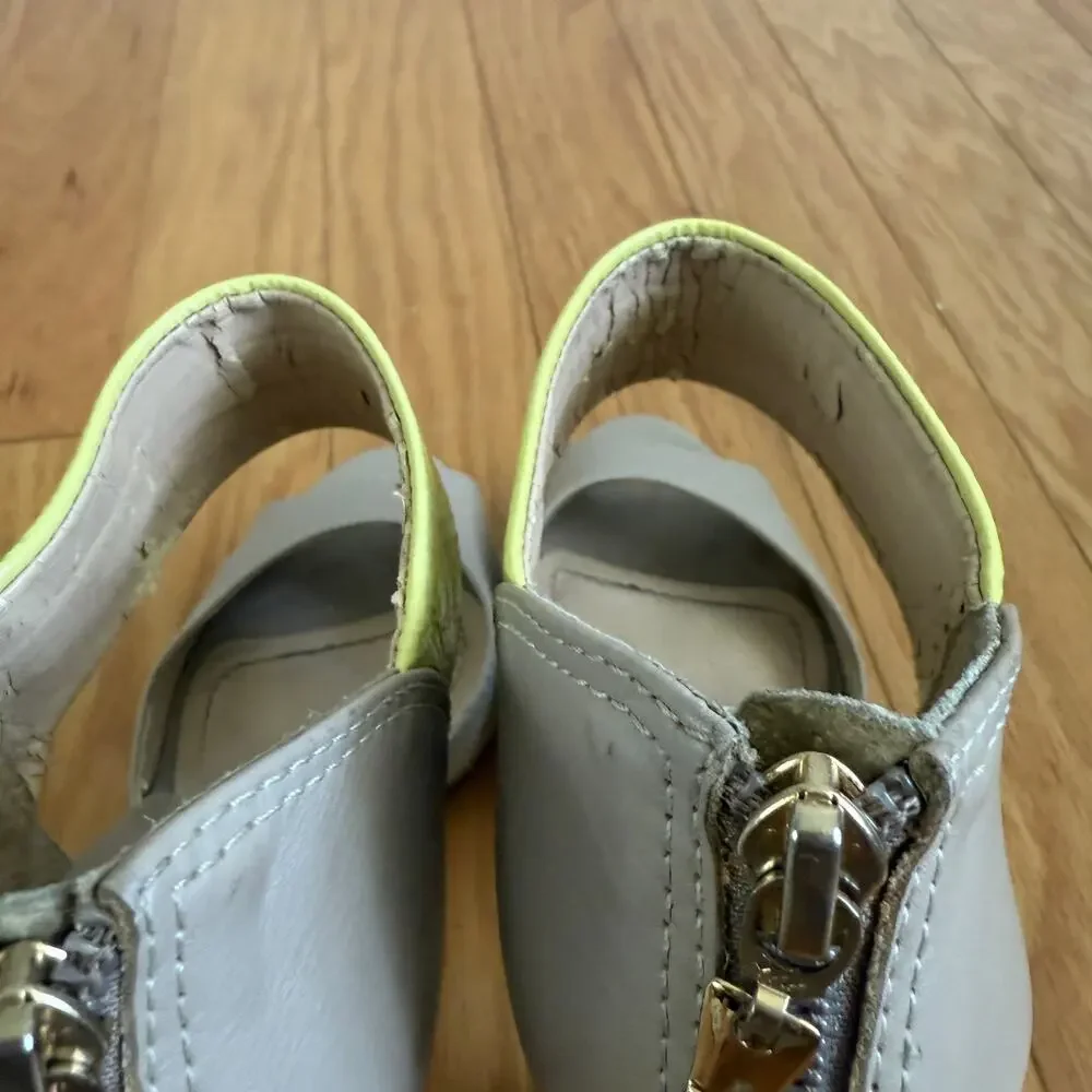 Biondini  sz‎ 6 Gray Yellow Sandals Open Toe Leather Ankle Strap platform heels